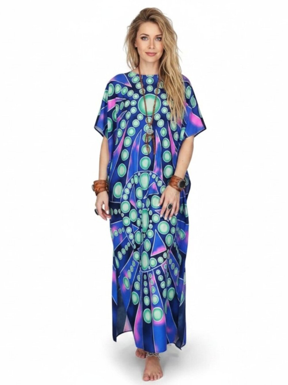 Vibrant Retro Print Cotton Maxi Kaftan Dress